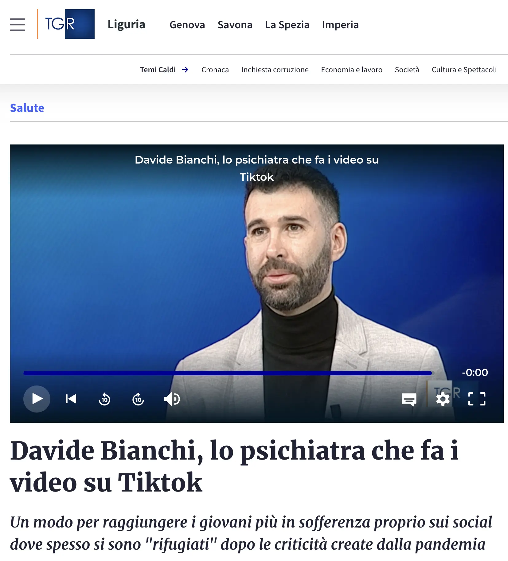 Dott. Davide Bianchi psichiatra intervista RAI TGR Liguria salute mentale giovani