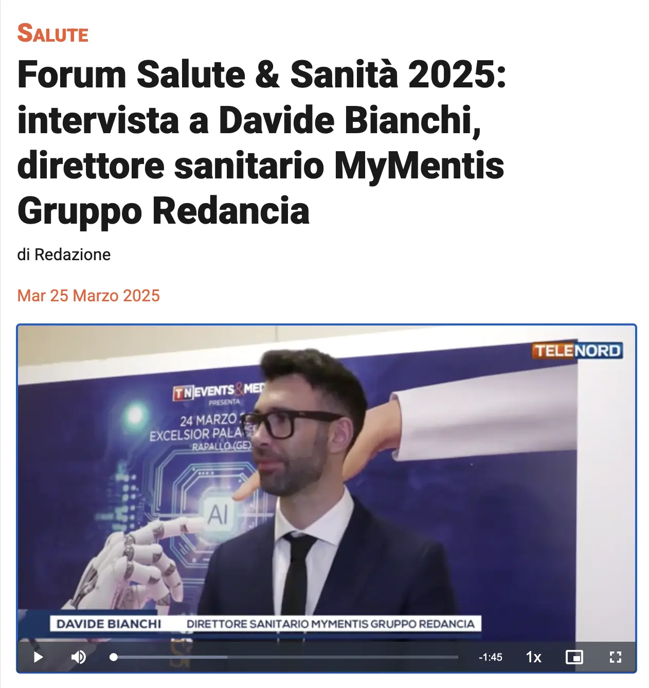 Dott. Davide Bianchi intervista Telenord Forum Salute Sanità 2025 Mymentis