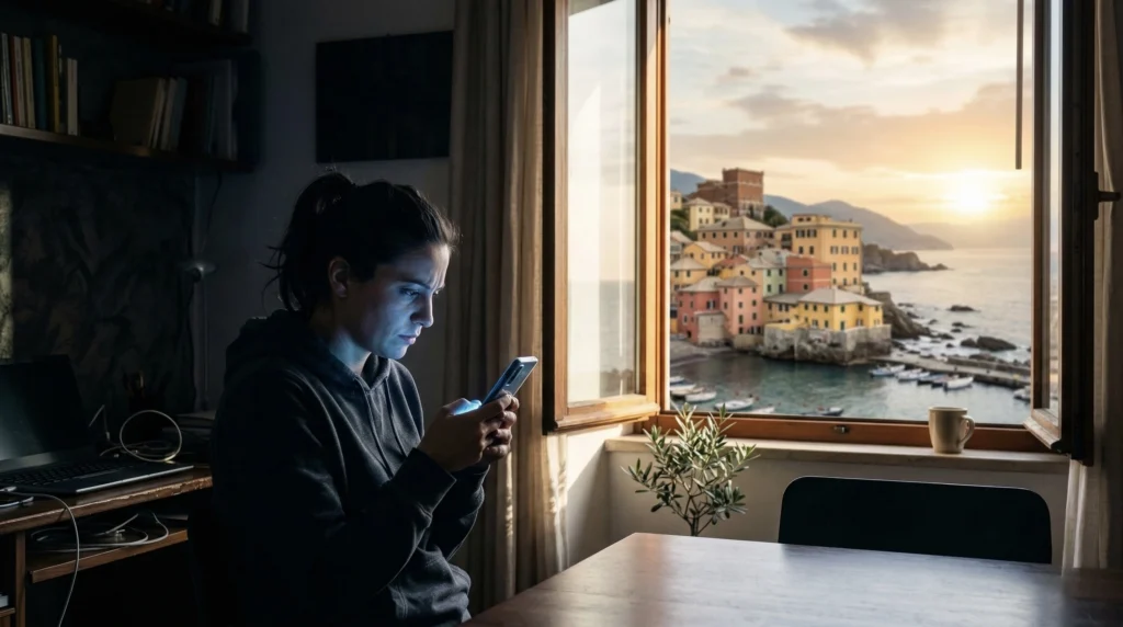 Donna ansiosa controlla notifiche smartphone - Psichiatra Genova Davide Bianchi